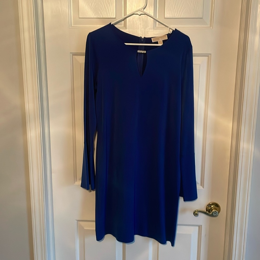Blue Michael Kors Dress. Bell sleeves and rhinestone embellishment at neckline.